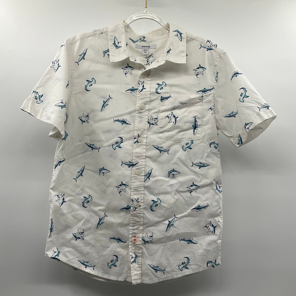 Boys Shark Print Button Down XL White Coastal Summer Nautical Sea Life Beach